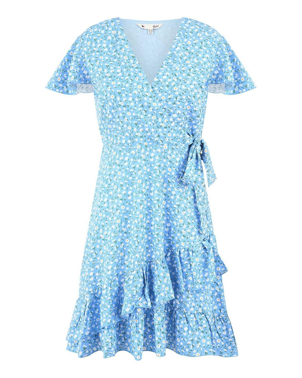 Yumi' Blue Ditsy Floral Wrap Frill Dress