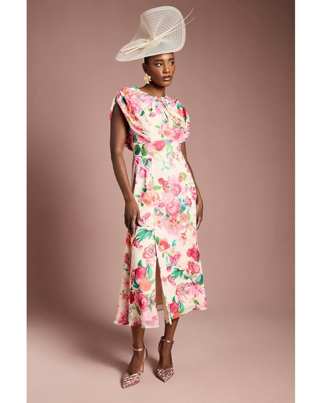 Coast Pink Cap Sleeve Floral Chiffon Midi Dress