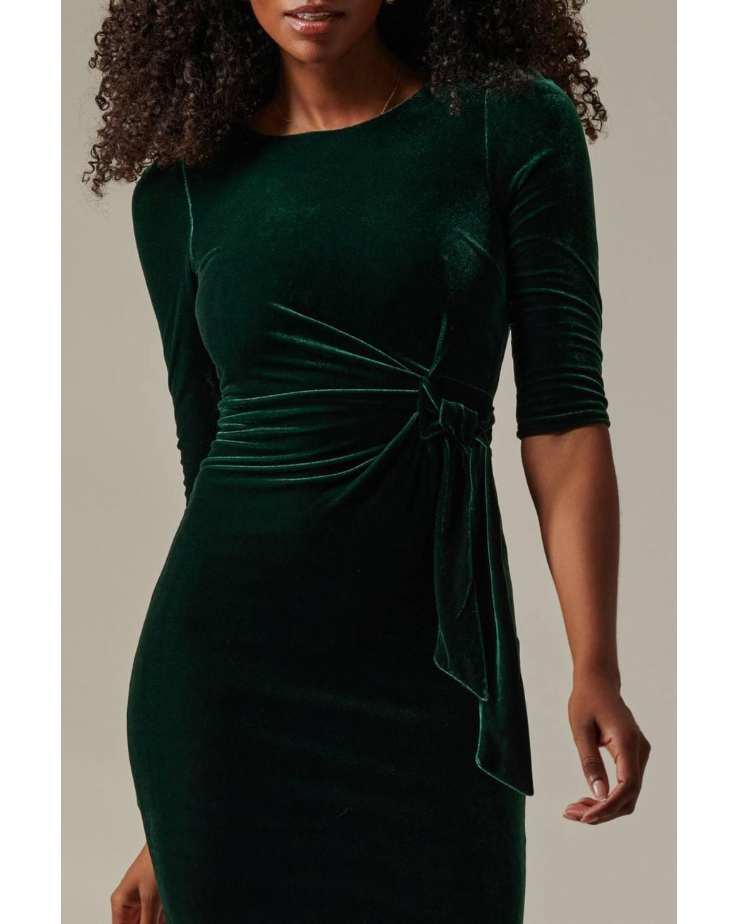 Jolie Moi Green Velvet Side Tie Midi Dress