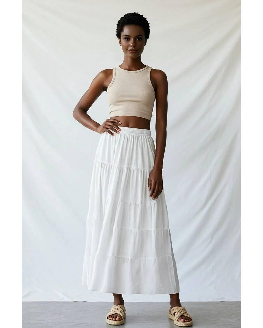 WOVCOR White Tiered Cotton Texture Maxi Woven Skirt