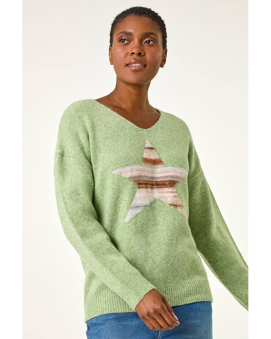 Roman Green Soft V-Neck Star Jumper