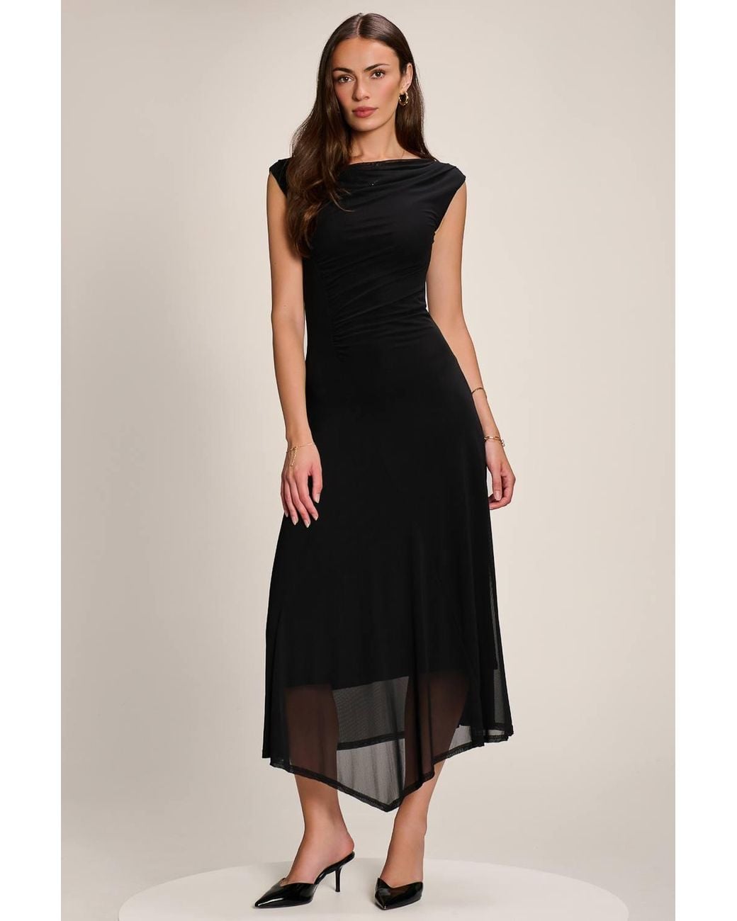 Jolie Moi Black Asymmetric Draped Mesh Maxi Dress