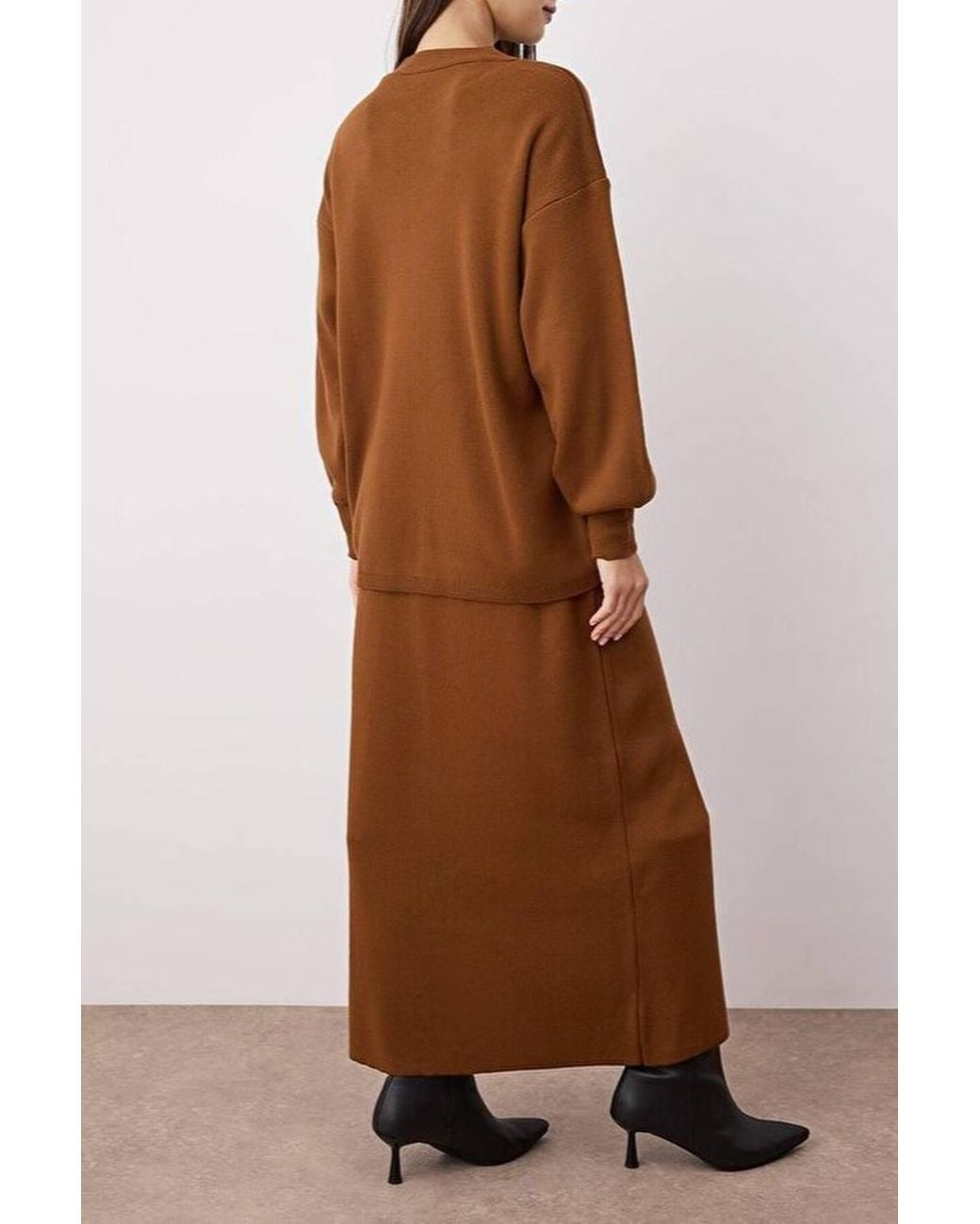 WOVCOR Brown 2-Piece Knit Longline Top & Midi Skirt Set