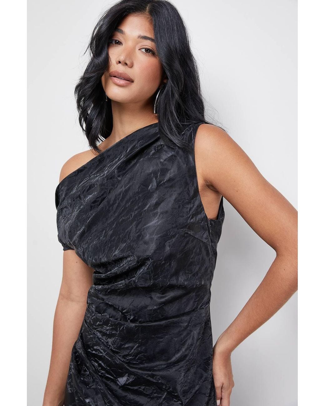 Warehouse Blue Faux Crinkle Leather Fallen Shoulder Ruched Waist Midi Dress