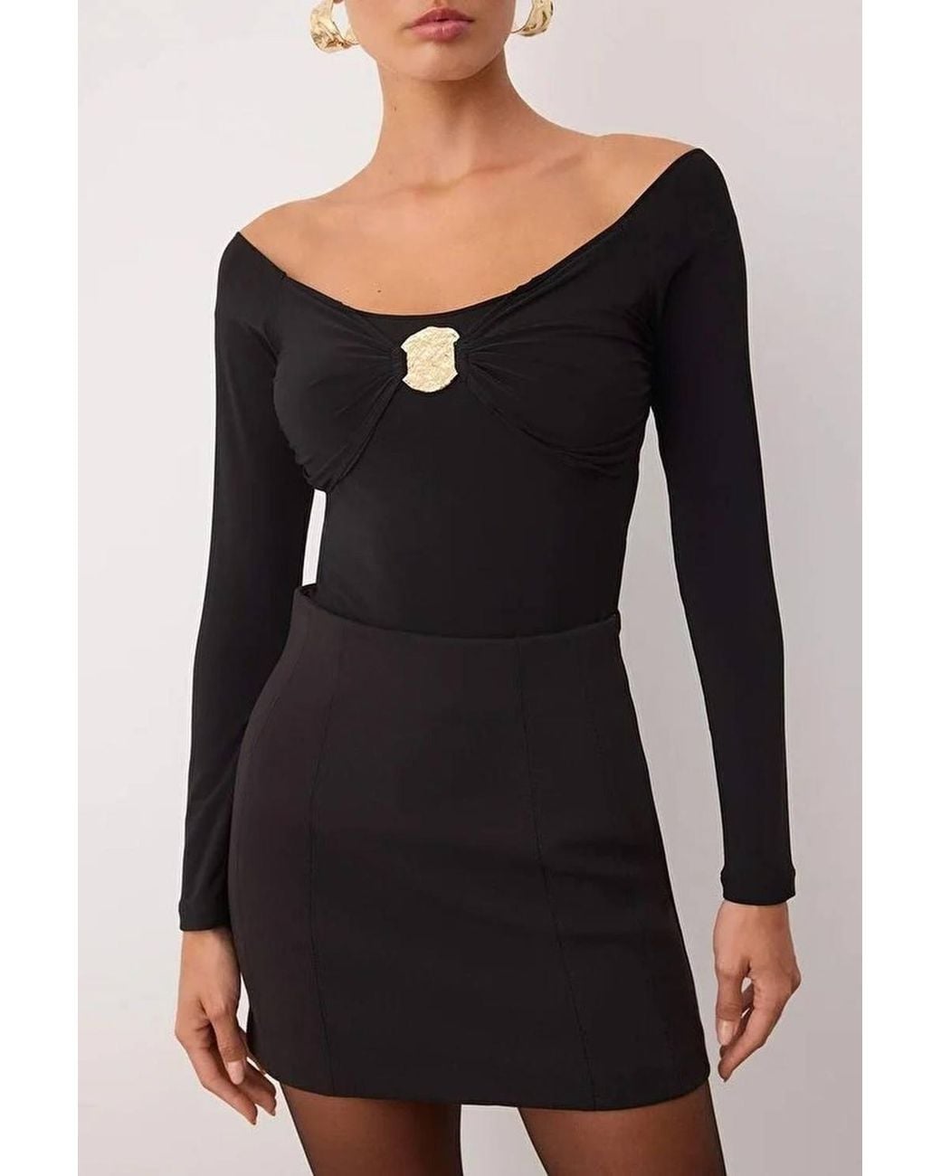 WOVCOR Black Shoulder Long Sleeve Embellished Knit Bodysuit