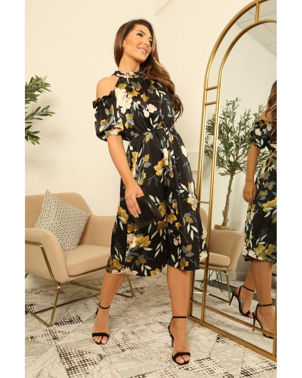 Double Second Metallic Printed Cold Shoulder Floral Dress