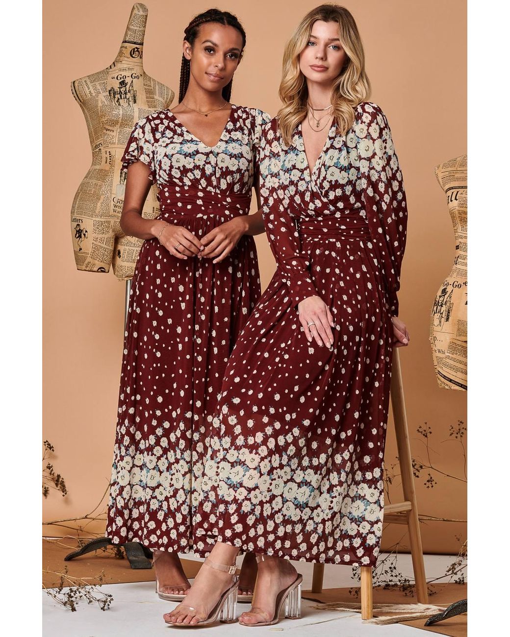 Jolie Moi Brown Carlii Symmetrical Print Mesh Maxi Dress