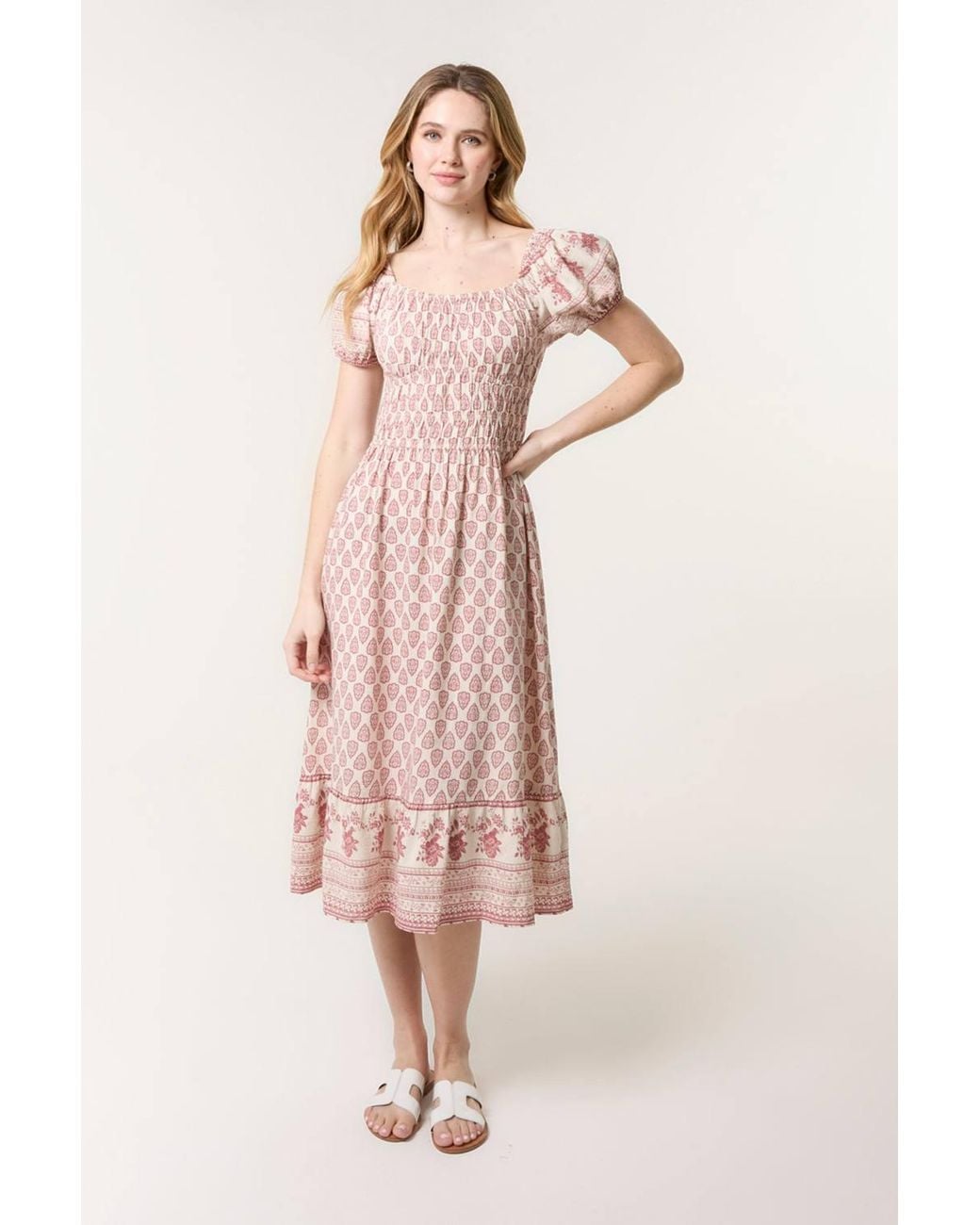 Blue Vanilla Pink Shirred Waist Short Sleeve Bardot Midi Dress
