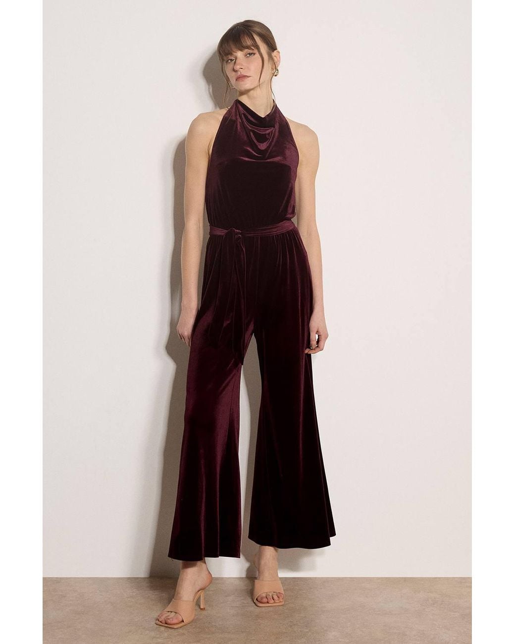 Apricot Red Velvet Cowl Neck Jumpsuit