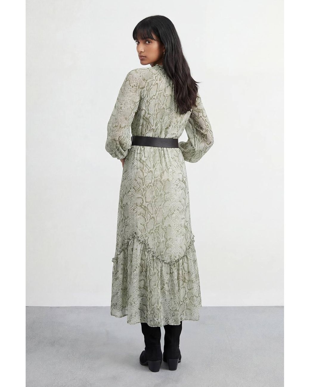 Warehouse Multicolor Petite Snake Print Ruffle Detail Belted Maxi Dress