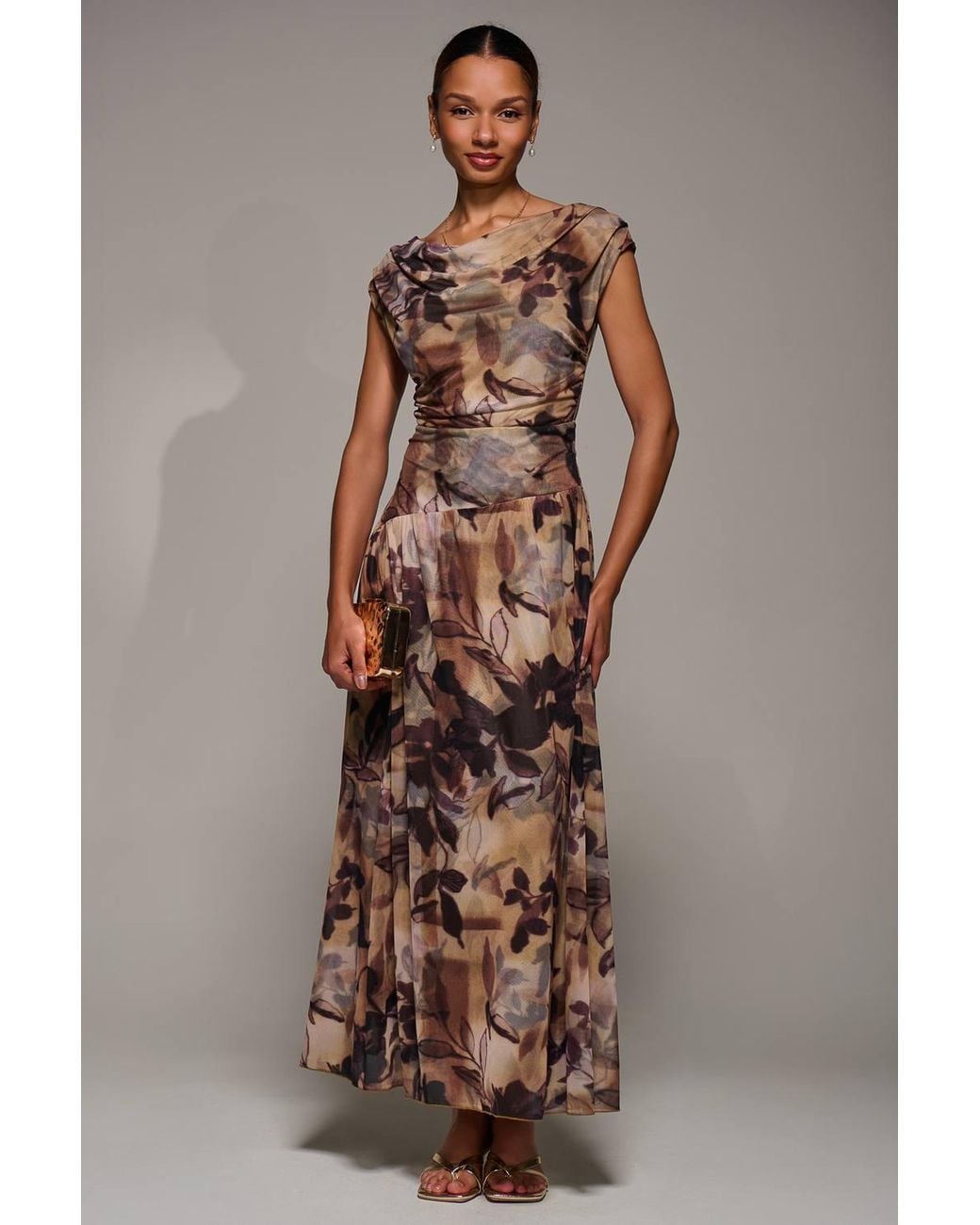 Jolie Moi Brown Asymmetric Draped Mesh Maxi Dress