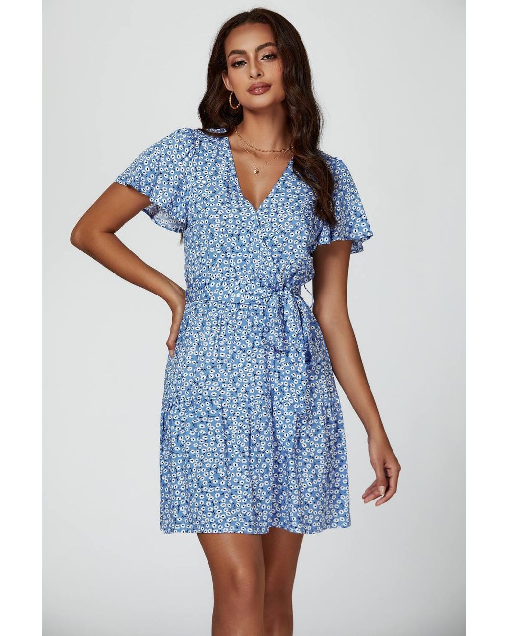 FS Collection Blue Floral Print Hem Tiered Wrap Mini Dress
