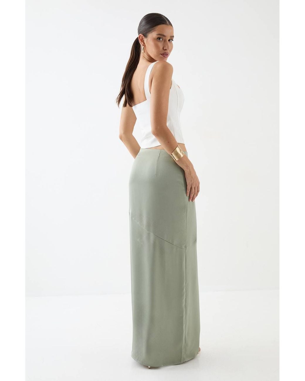 MissPap Green Satin High Waist Maxi Skirt