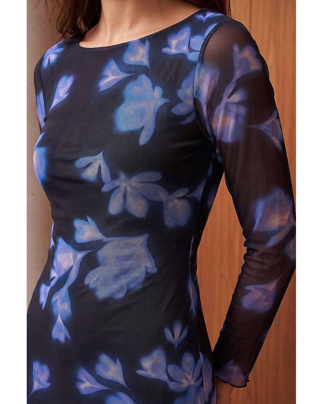 Roman Blue Petite Printed Mesh Midi Dress