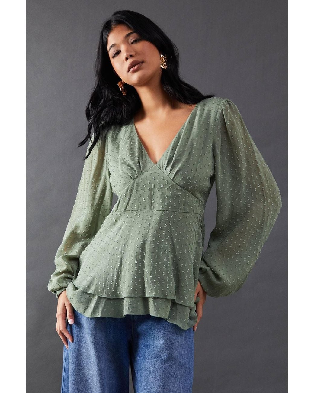 Warehouse Gray Plunge Neck Dobby Chiffon Double Layer Blouse