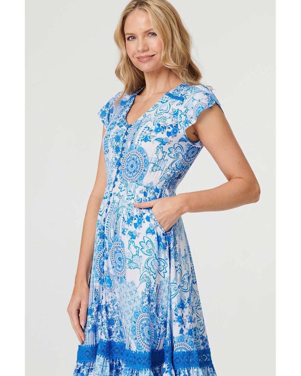 Izabel London Blue Abstract Printed Lace Trim Midi Dress
