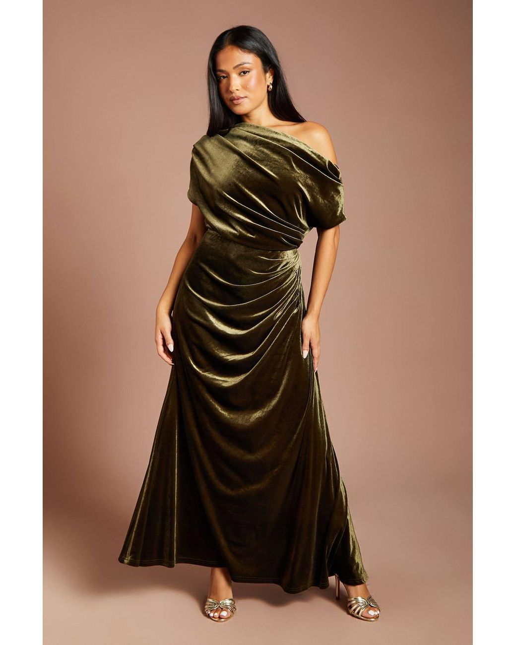 Coast Black Petite One Shoulder Ruched Detail Velvet Maxi Dress