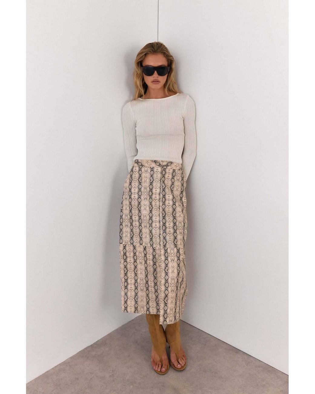 Warehouse Natural Snake Print Faux Leather Midi Skirt