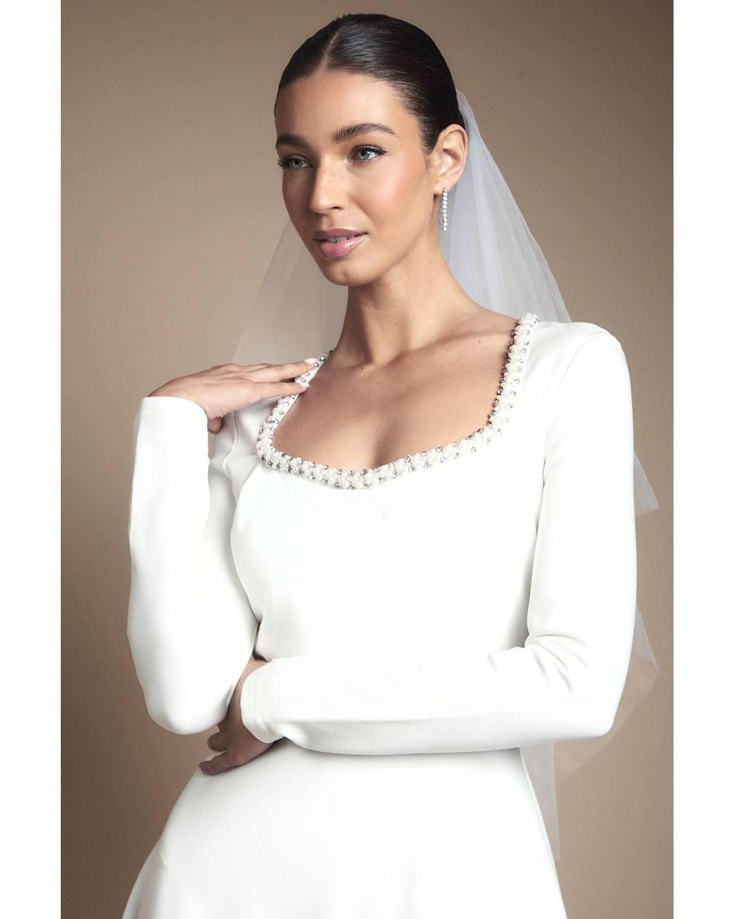 Coast Brown Crystal Trim Ponte Long Sleeve Midi Wedding Dress