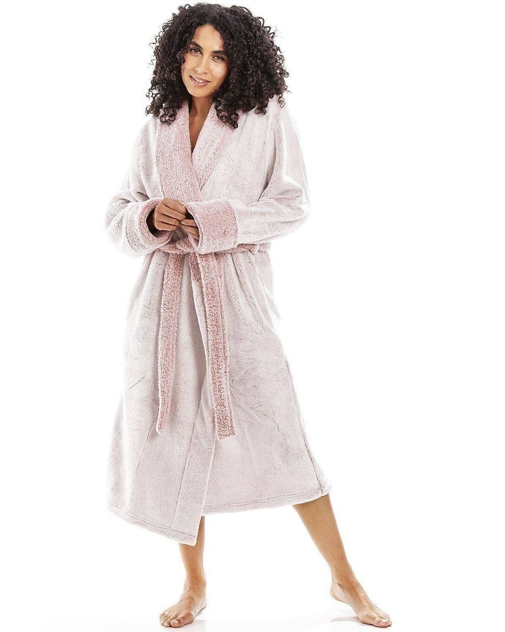 CAMILLE Pink Deep Pile Fluffy Bathrobe W/ Reverse Collar & Cuffs
