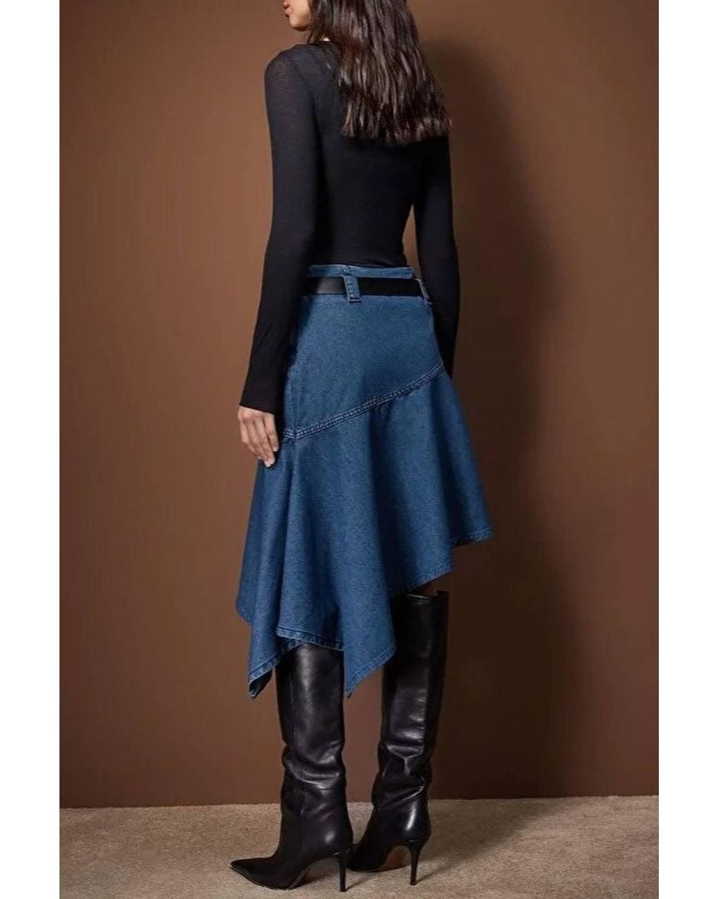 WOVCOR Blue Belted Asymmetrical Midi Denim Skirt