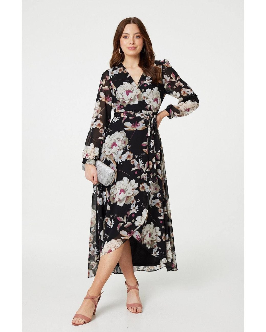 Izabel London White Floral Long Sleeve Tie Waist Wrap Midi Dress