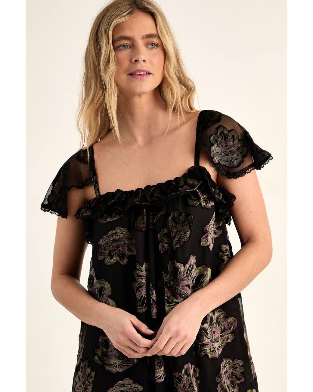 Nasty Gal Brown Devore Floral Cap Sleeve Lace Trim Floaty Mini Dress
