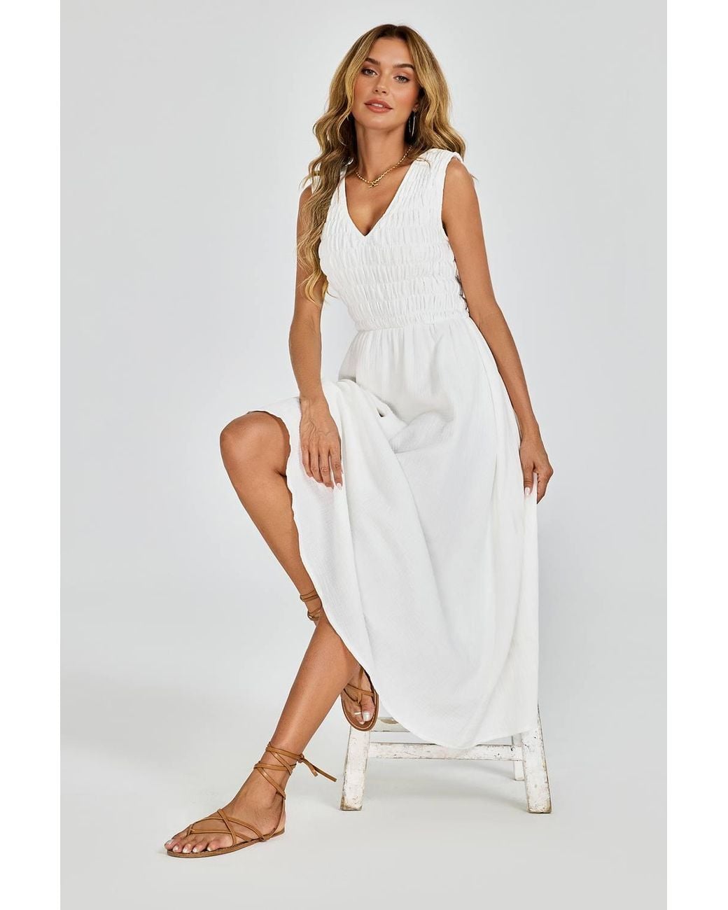 FS Collection White Sleeveless Shirred Bodice Midi Dress