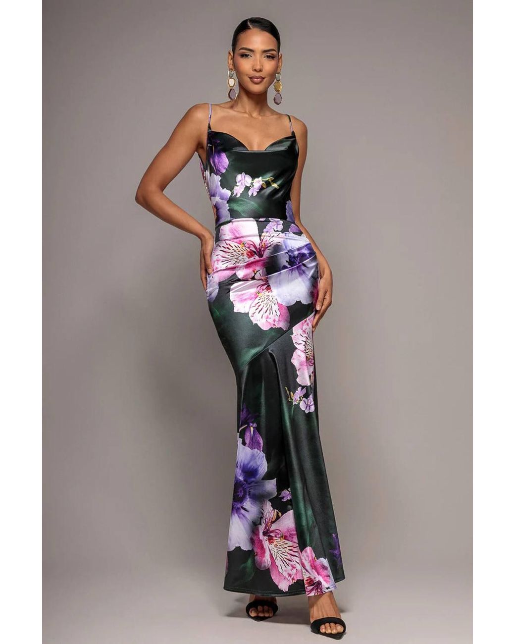 Goddiva Green Floral Print Satin Cowl Neck Maxi Dress