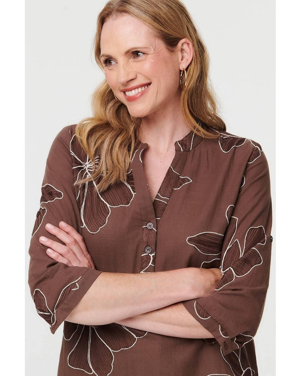 Izabel London Brown Embroidered Floral 3/4 Sleeve Blouse