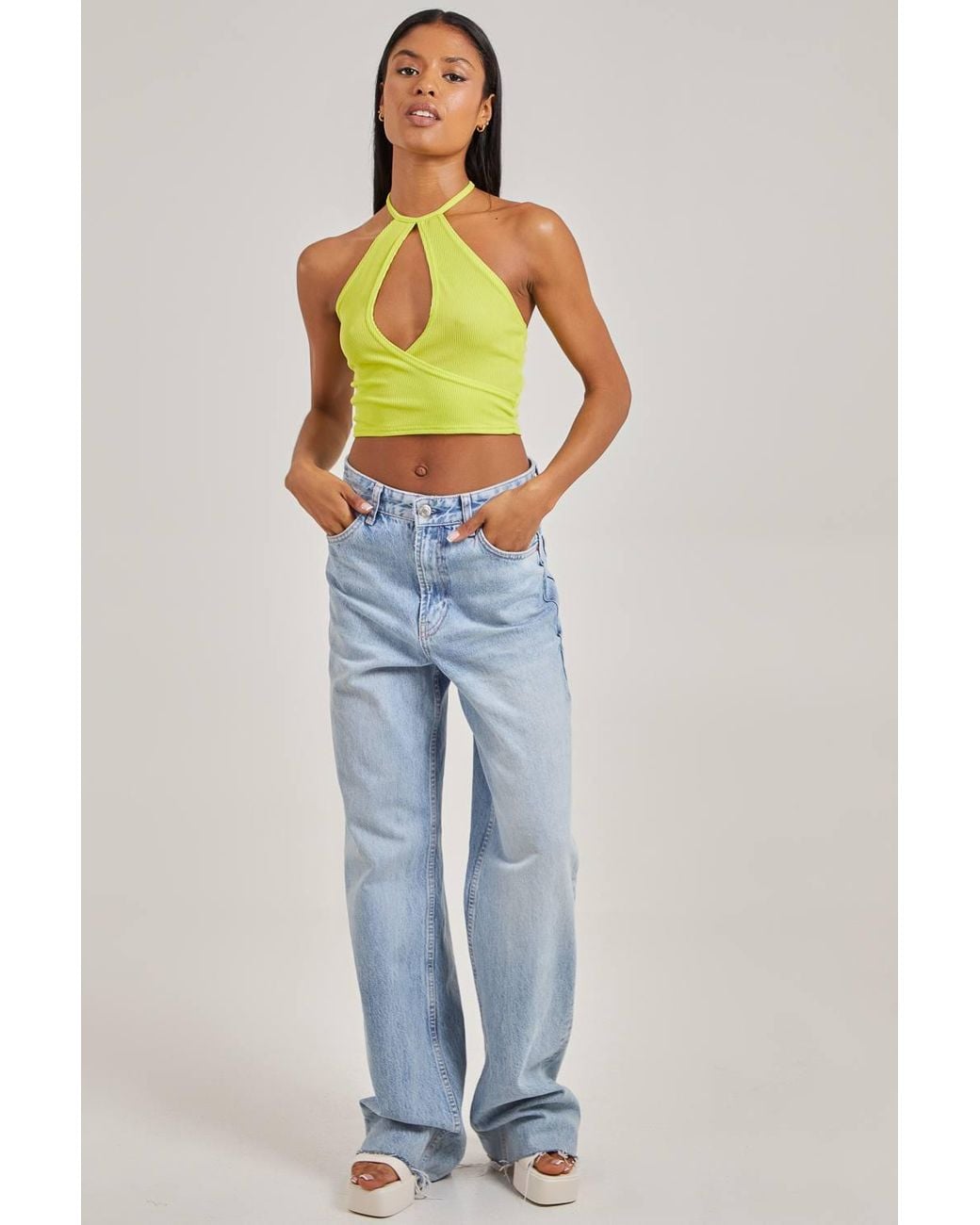 Pink Vanilla Green Ribbed Halterneck Crop Top