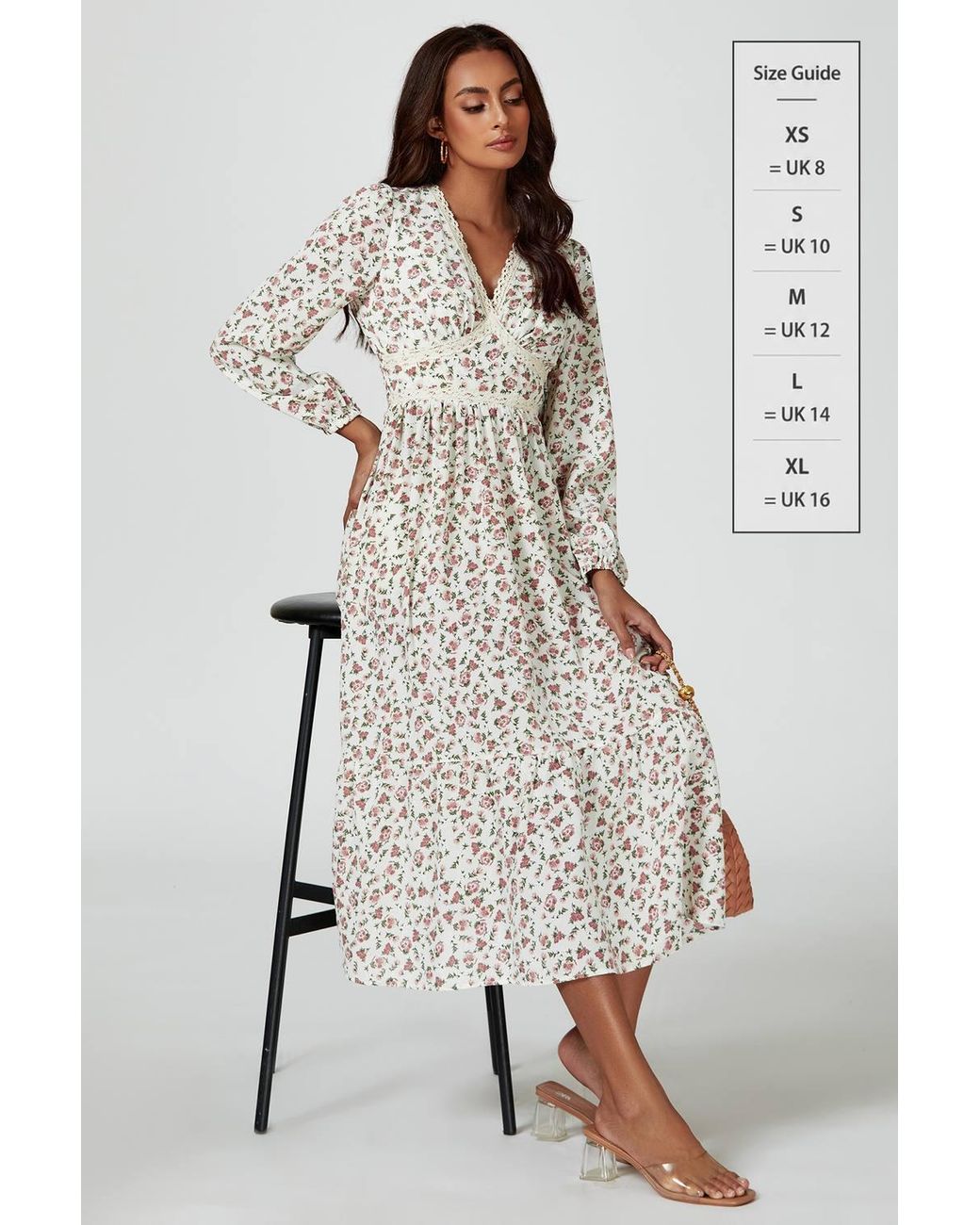 FS Collection White Floral Print Long Sleeve Midi Dress