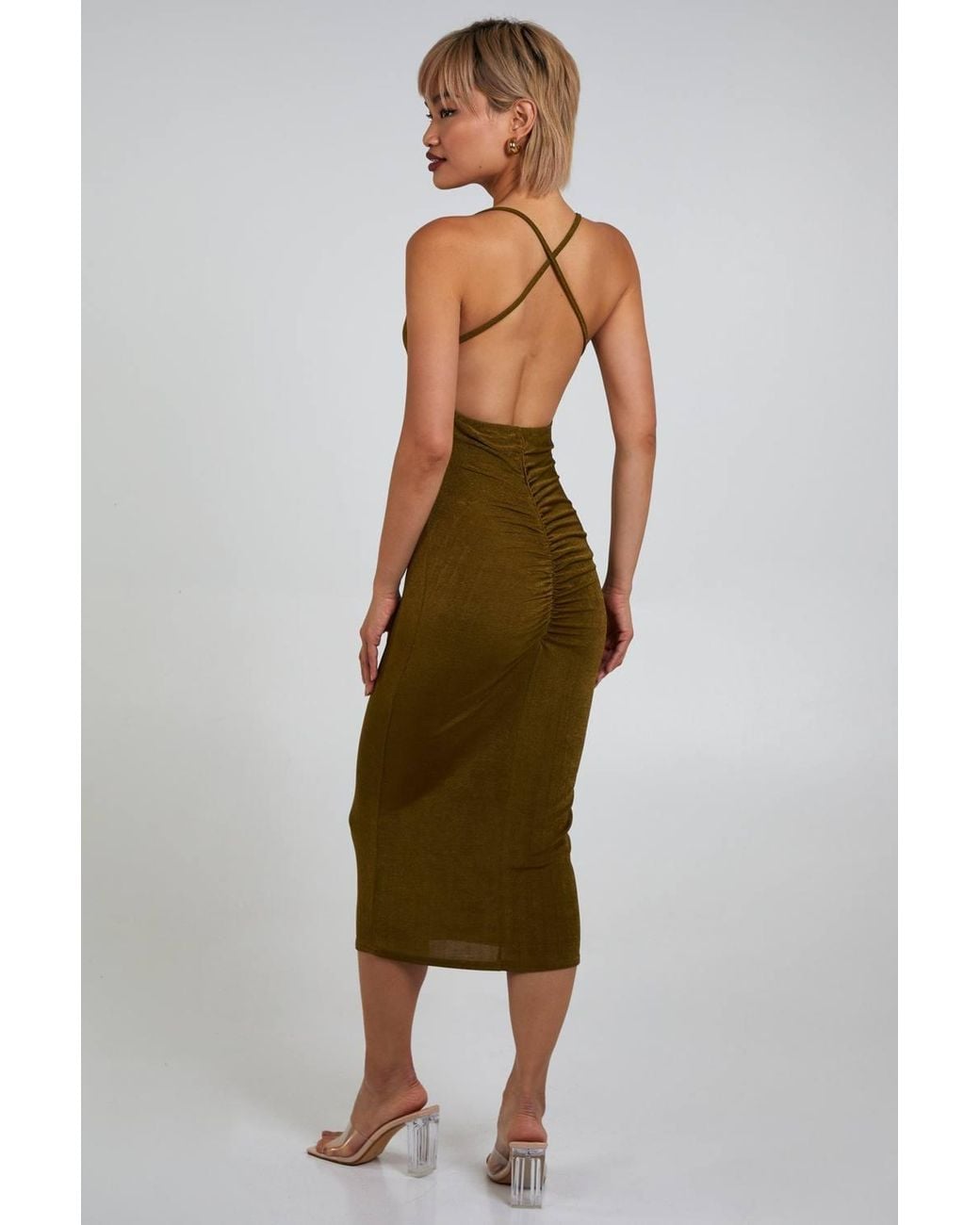Pink Vanilla Green Slinky Cowl Neck Midi Dress