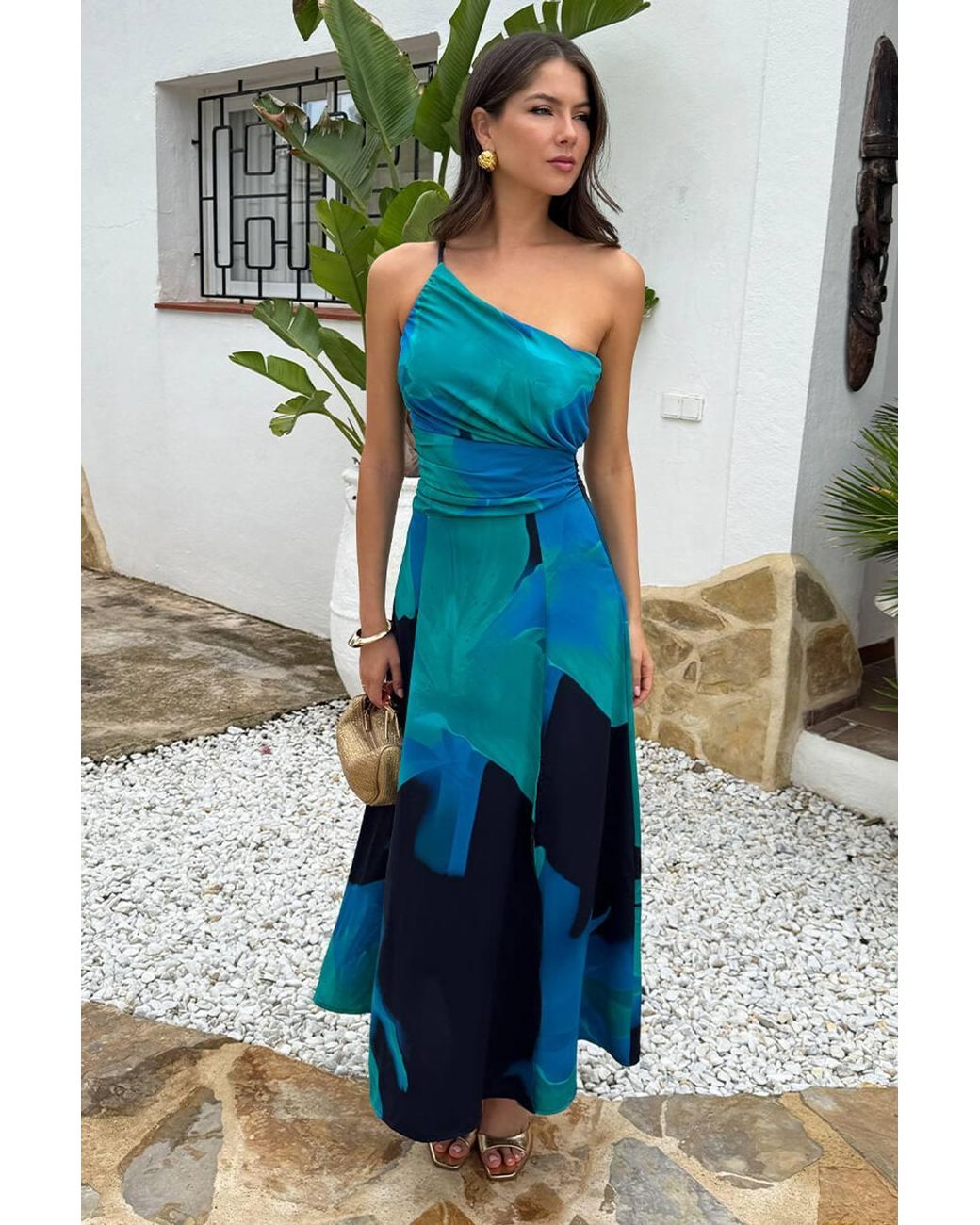 AX Paris Blue Bold Floral Print One Shoulder Ruched Waist Midi Dress