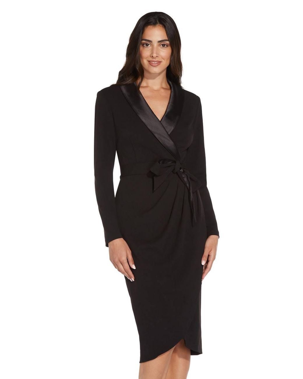 Adrianna Papell Black Knit Crepe Tuxedo Wrap Dress