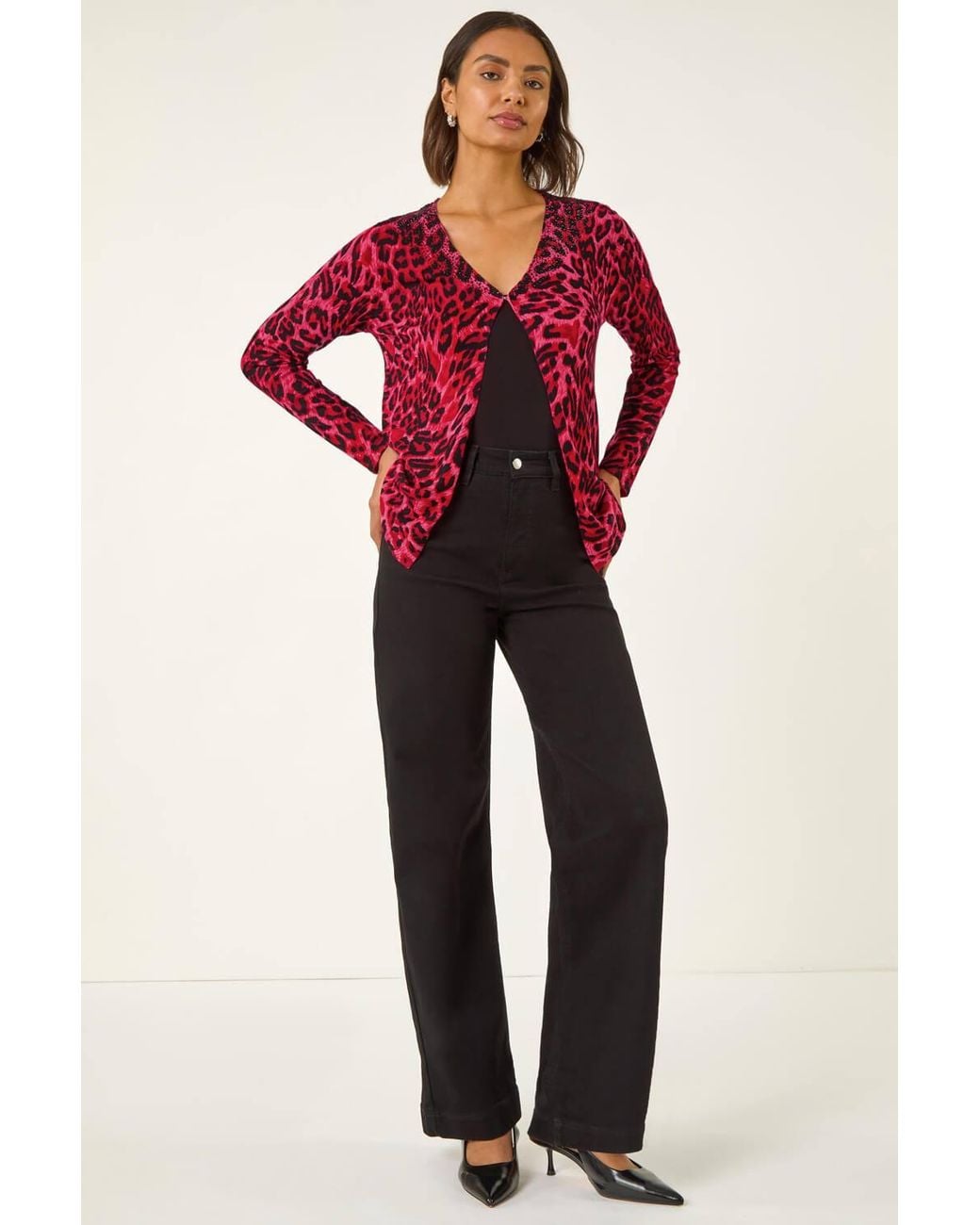 Roman Red Hotfix Animal Print Knit Cardigan