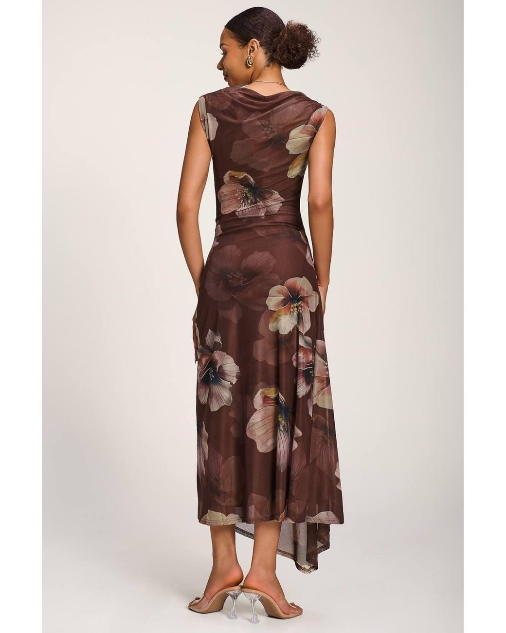Jolie Moi Brown Asymmetric Draped Mesh Maxi Dress