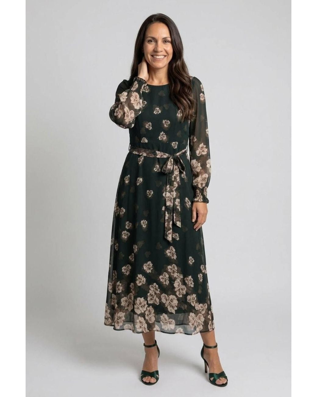 Izabel London Green Floral Layer Long Sleeve Midi Dress