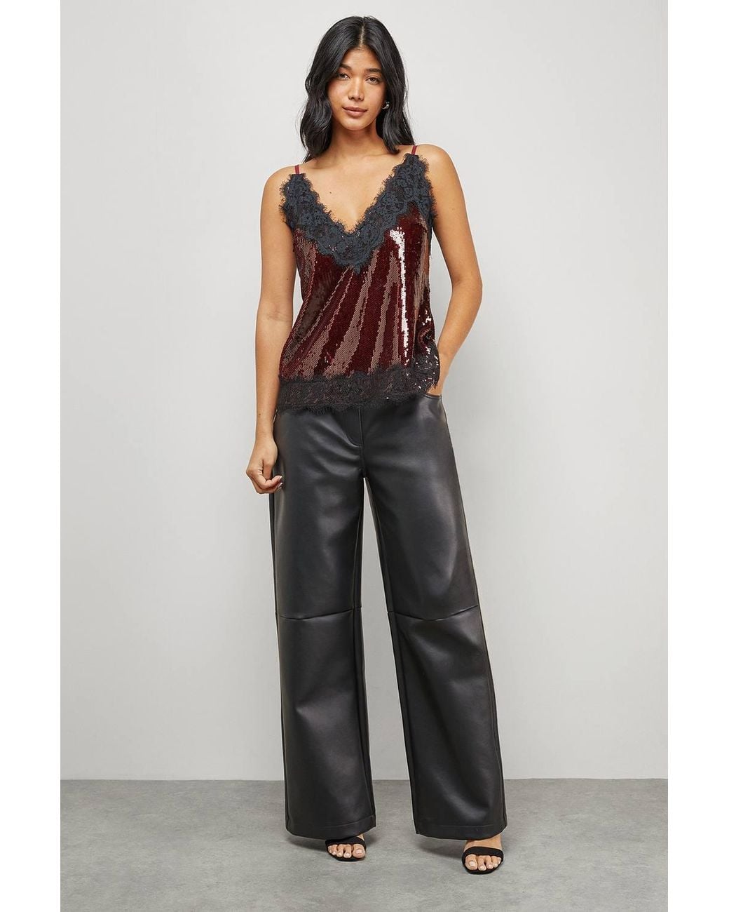 Warehouse Black Sequin Lace Trim High Apex Cami Top