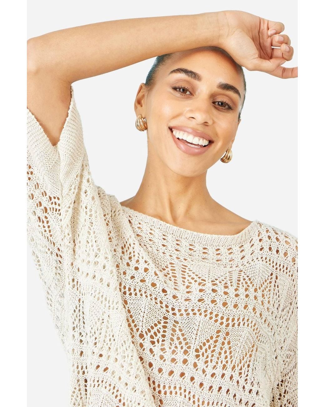 Yumi' White Cotton Mix Relaxed Fit Pointelle Jumper