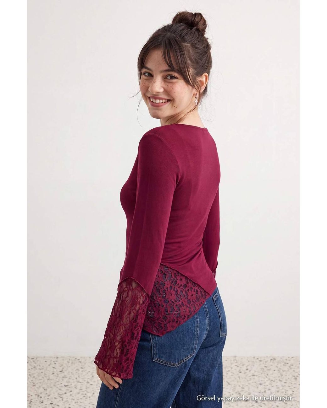 WOVCOR Red Boat Neck Spanish Sleeve Lace Detail Fitted Blouse
