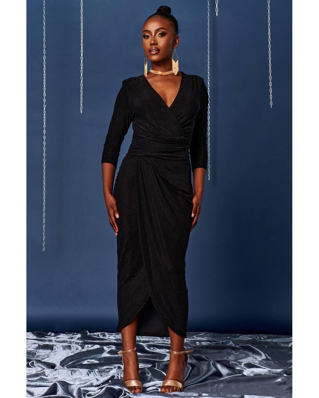 Jolie Moi Black Wrap Sparkly Maxi Bodycon Dress