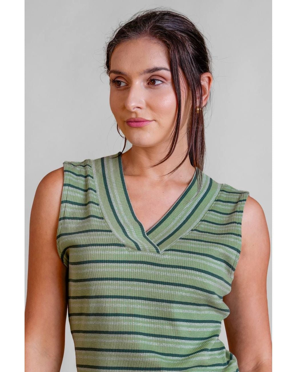 Enorsia Green Metallic V-Neck V Back Tops