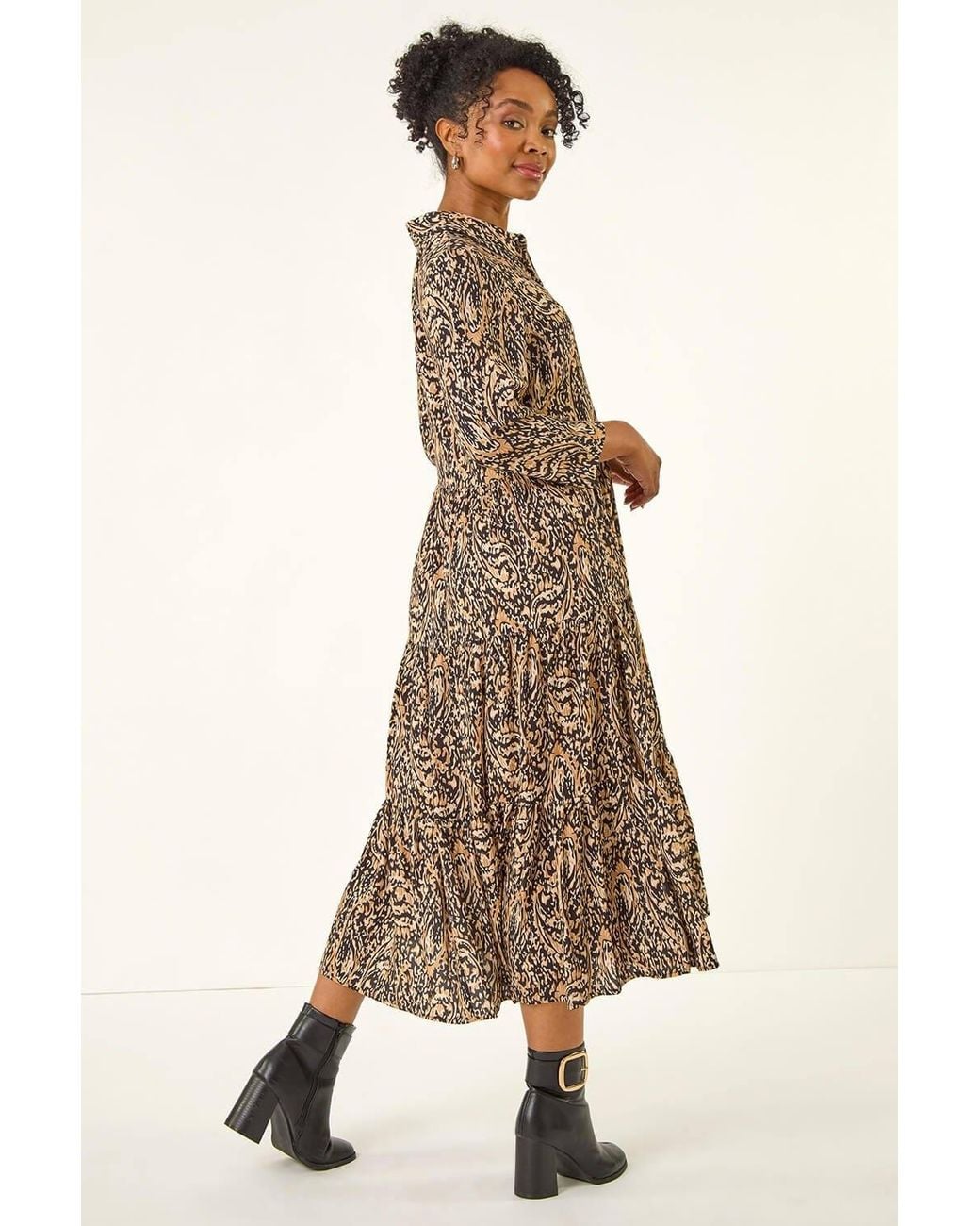 Roman Brown Petite Abstract Print Tiered Midi Dress