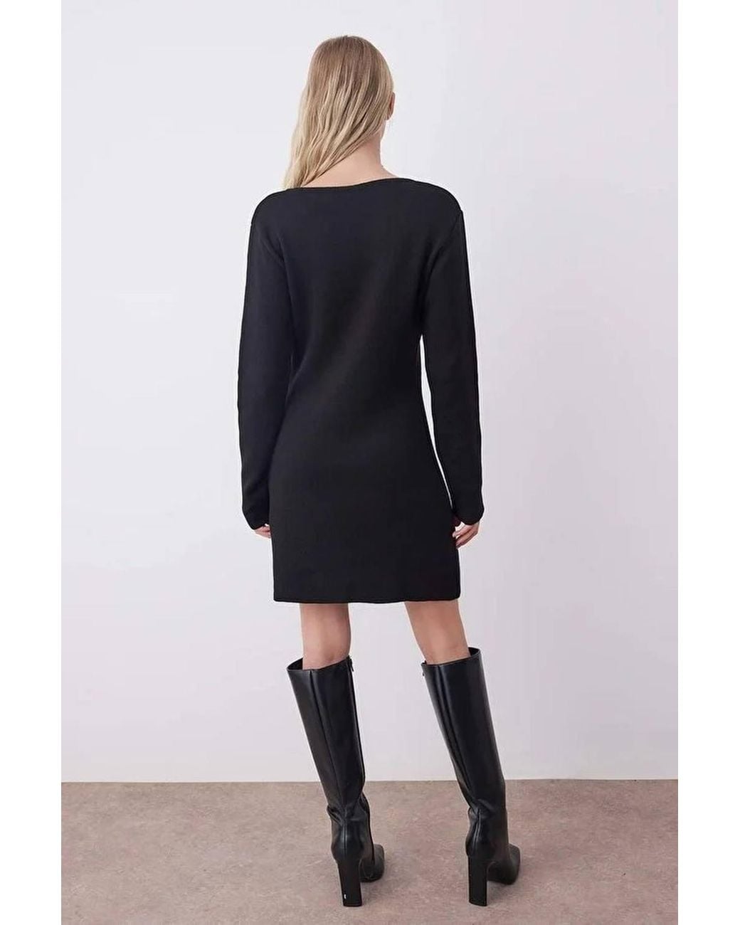 WOVCOR Blue A-Line Mini Knit Dress W/ Tie Front Detail