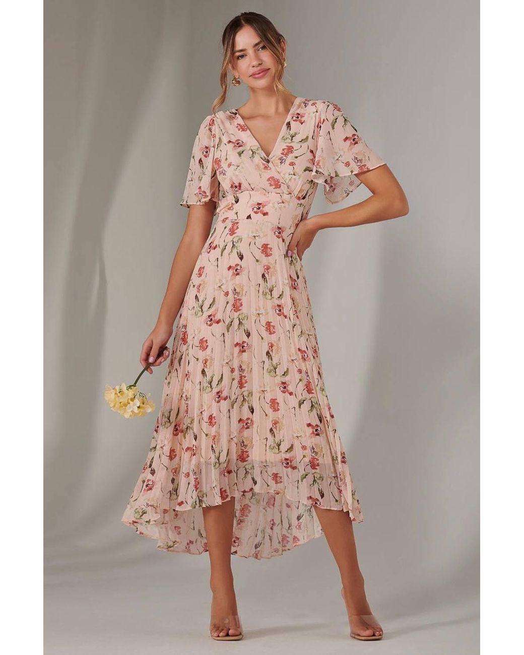 Jolie Moi Pink Charlotte Pleated Chiffon Midaxi Dress