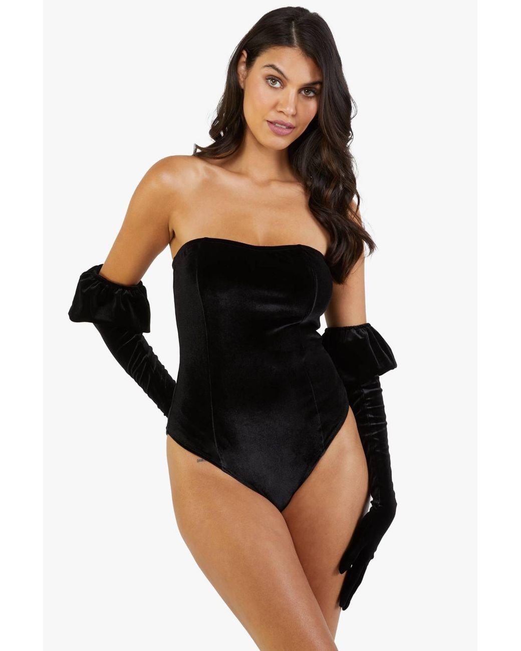 Playful Promises Black Halina Puff-Sleeve Body W/ Built-In Gloves