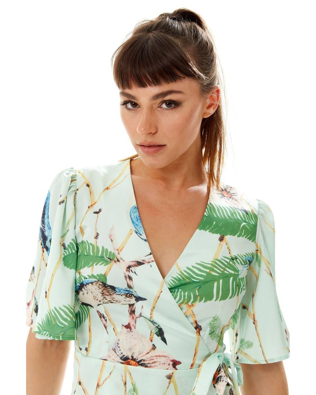 Liquorish Green Bird Print Wrap Top