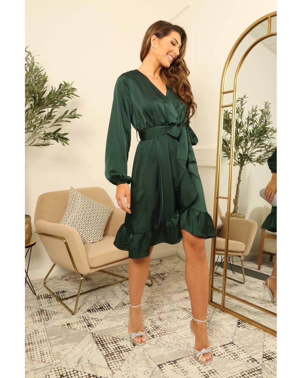 Double Second Green Frill Satin Wrap Dress