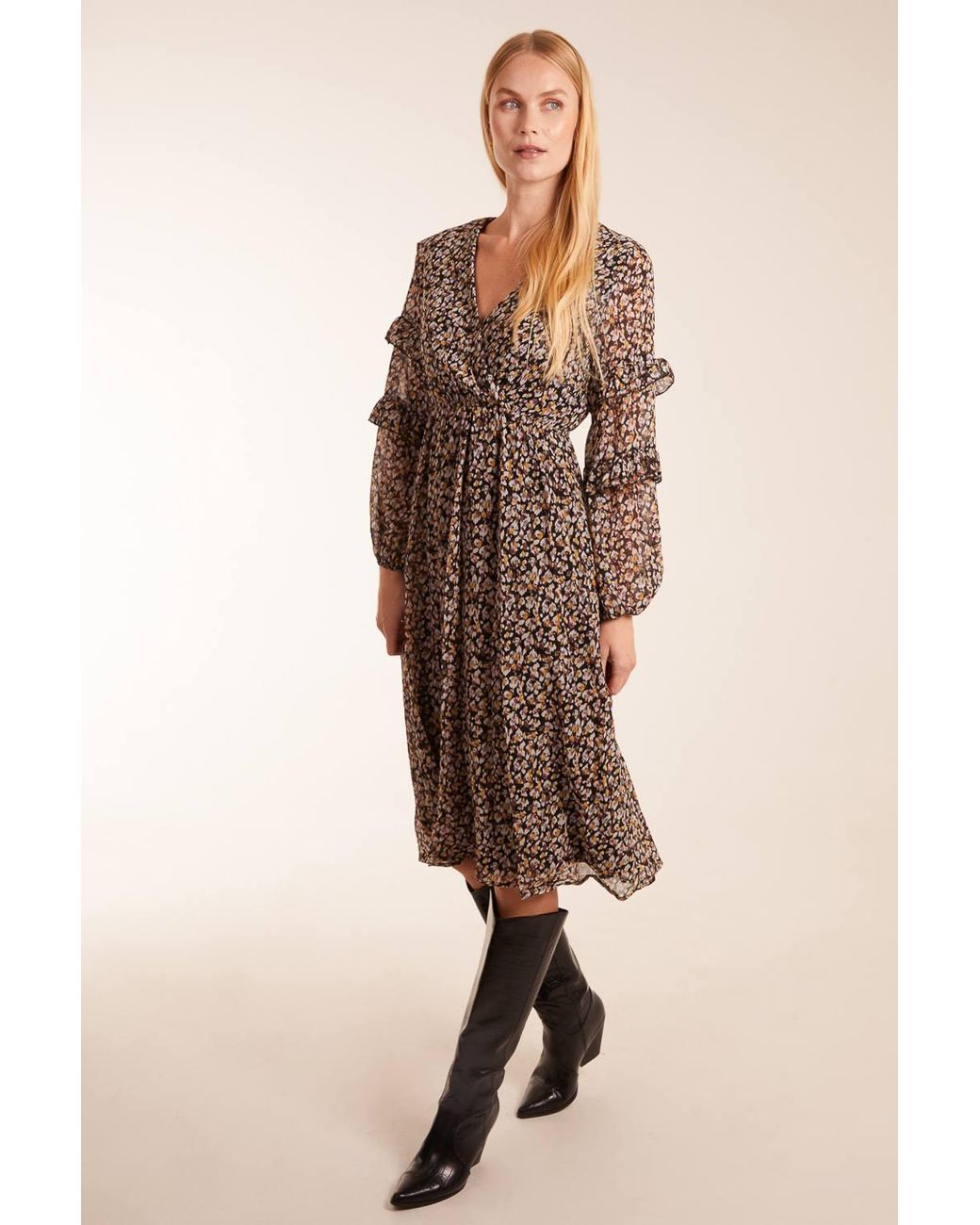 Blue Vanilla Brown Frill Sleeve Wrap Midi Dress